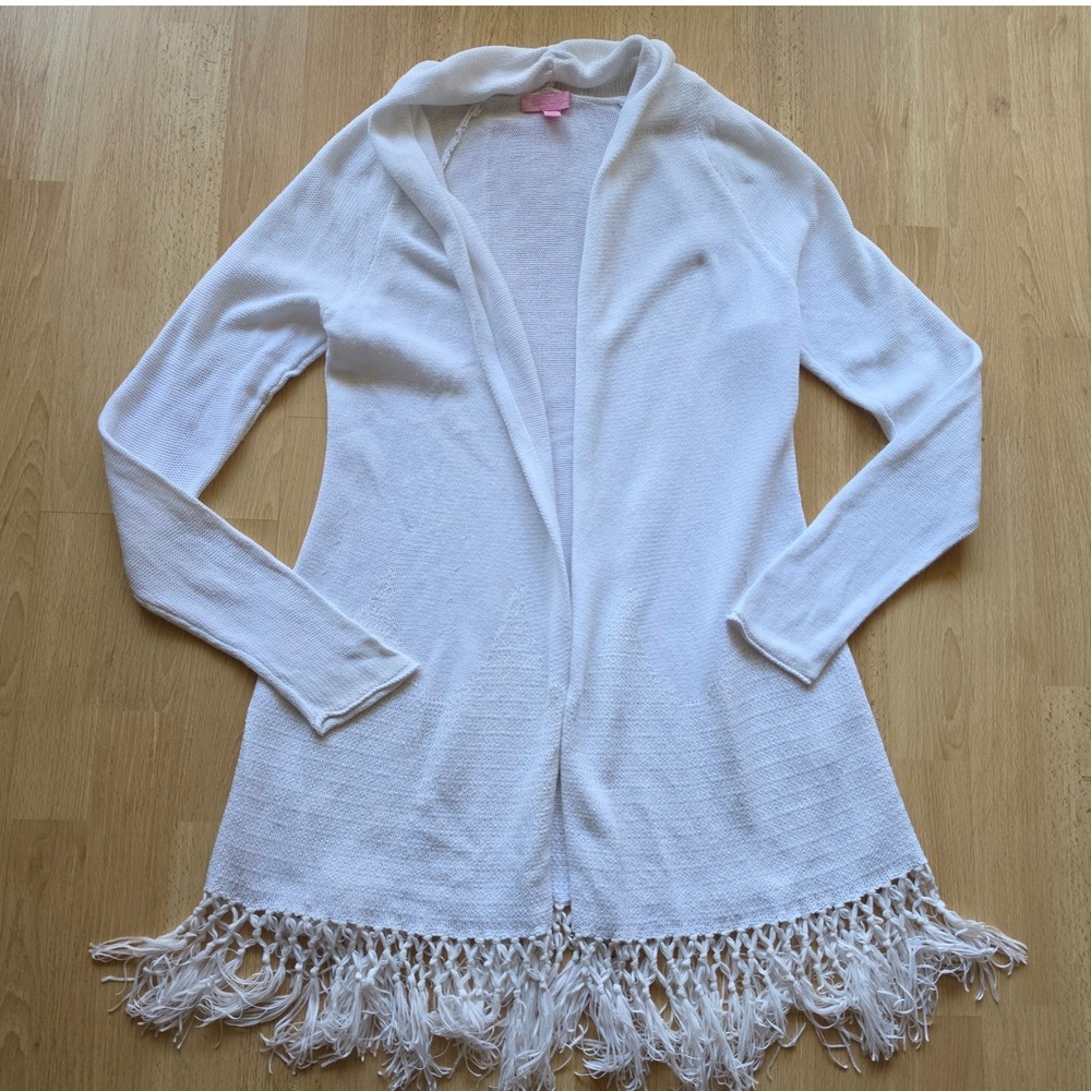 Lilly Pulitzer White Open Front Cardigan Fringe Hem Cotton Knit Sweater S 20153
